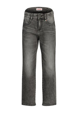 Jean en denim noir délavé à jambe droite, avec poches avant, passants pour ceinture, fermeture par bouton, et une petite étiquette rouge et verte sur la poche droite.