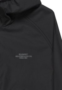 Black hooded jacket made of smooth fabric, featuring a subtle logo "ELEMENT SKATEBOARD CO." in grey, with a streamlined cut and stitching details.