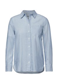 Camicia a maniche lunghe con bottoni in blu chiaro e strisce bianche, dotata di taschino sul petto e orlo curvo. Materiale in misto cotone.
