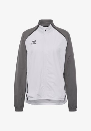 White and gray windbreaker jacket with a standing collar, full zip front, elastic cuffs, and Hummel logo on the left chest.