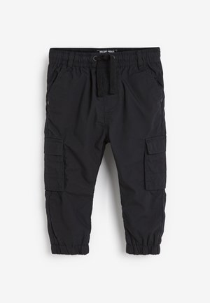 Pantalon cargo noir pour enfants avec taille élastique, cordon de serrage, poches latérales et poignets élastiques sur fond blanc uni.