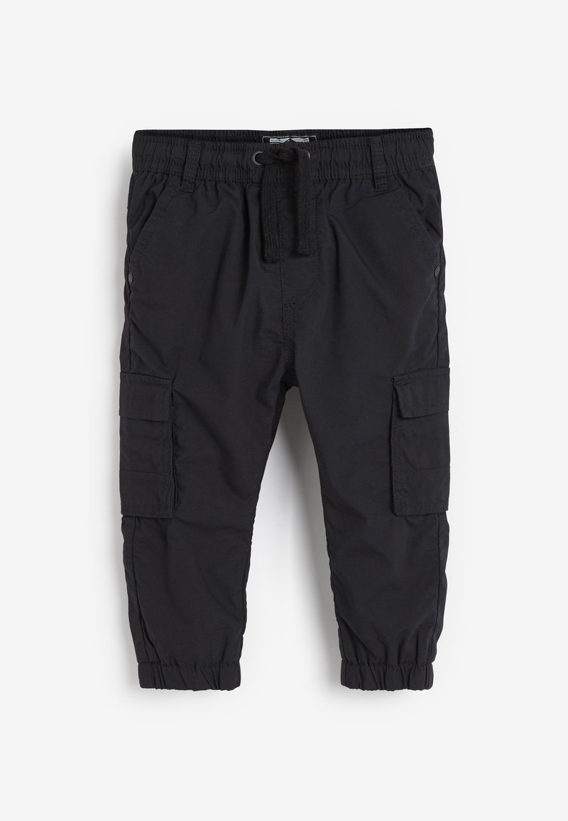 Pantalon cargo noir pour enfants avec taille élastique, cordon de serrage, poches latérales et poignets élastiques sur fond blanc uni.
