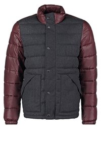 Vadderad jacka med en mörkgrå kropp och vinröda, glänsande ärmar, med tryckknapplåsning, hög krage och två framfickor.