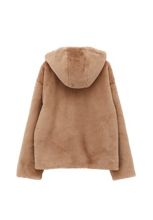 Tan nepbontjacket met een capuchon, met een zachte textuur, lange mouwen en een relaxed fit. De achterkant is eenvoudig zonder versieringen.