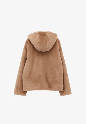 Tan nepbontjacket met een capuchon, met een zachte textuur, lange mouwen en een relaxed fit. De achterkant is eenvoudig zonder versieringen.