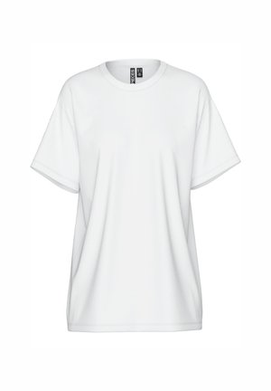 White cotton t-shirt with a crew neckline, short sleeves, and a loose fit. Features subtle stitching details and a tag at the collar.
