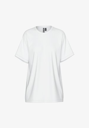 Weißes Baumwoll-T-Shirt mit Rundhalsausschnitt, kurzen Ärmeln und lockerem Sitz. Verfügt über dezente Steppnähte und ein Etikett am Kragen.