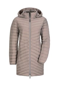 Lichte, gevoerde pufferjas met capuchon in gedempt beige. Heeft een diagonaal gestikt patroon, een volledige rits aan de voorkant en zijzakken.