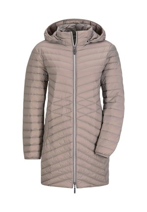 Giacca tappo leggera con cappuccio in beige tenue. Presenta una texture trapuntata diagonale, zip frontale completa e tasche laterali.