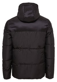 Black puffer jacket with a hood, featuring horizontal quilted sections and a smooth, shiny finish. Lightweight and insulated design.