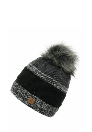 Knitted beanie in black and gray stripes, featuring a fuzzy gray pom-pom on top and a textured cuff. Includes a leather logo tag.
