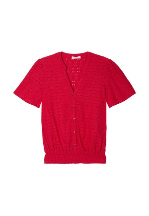 Cardigan corto rosso a maniche corte realizzato in tessuto testurizzato, con motivi ad occhiello, scollo a V e chiusura con bottoni e vita elastica.