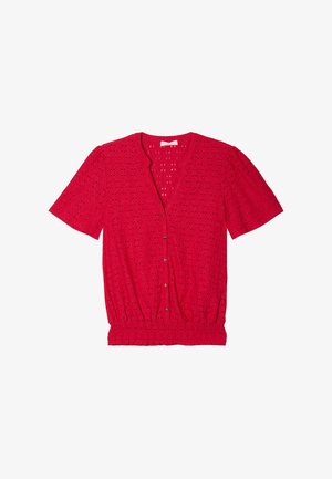 Red short-sleeve cardigan made of textured fabric, featuring eyelet patterns, a v-neckline, and a button front with an elastic waist.