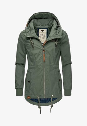 Veste à capuche verte avec fermeture éclair frontale, cordons à la capuche et à l'ourlet, poches à boutons et poignets côtelés.