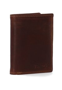 Brauner Leder Geldbeutel mit sichtbarer Naht, bi-fold Design, geprägtem "VENEZIA" Logo, glatter Textur und geraden Kanten.