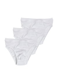 Tre paia di mutande di cotone bianche con elastico in vita, caratterizzate da una texture liscia e un design classico e funzionale.