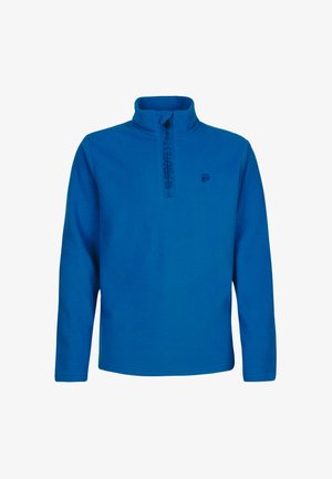 Blauer Fleece-Pullover mit hohem Kragen, Reißverschluss vorne und gesticktem Logo. Weiches Material und lange Ärmel mit geradem Saum.