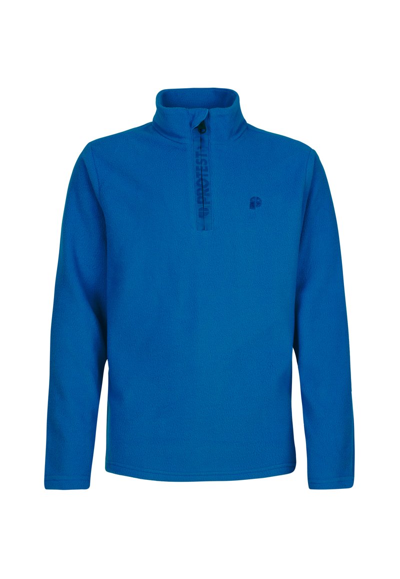 Plavi flis pulover s visokim ovratnikom, prednjim patentnim zatvaračem i izvezenim logotipom. Mekana tekstura i duge rukave s ravnim rubom.