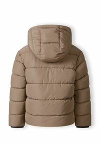 Brun puffjacka med en åtsittande huva och quiltat mönster. Har överdimensionerade stygn och elastiska ärmslut. Mjukt, texturerat tyg.