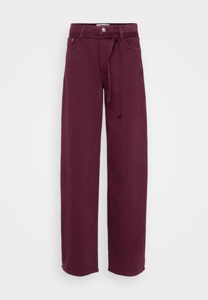 Bordeaux wijde benen broek van katoen, met een gestrikte tailleband, twee voorkleppen en een knoopsluiting. Glad van textuur, zonder patronen.