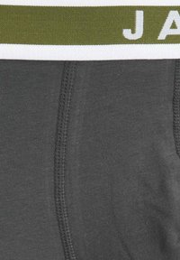 Graue Boxer-Briefs mit einem weißen und olivgrünen Bund, der den Text "J.A." zeigt. Der Stoff hat eine glatte Textur und eine nahtlose Verarbeitung.