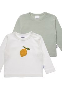 Two long-sleeve shirts: a white shirt with a yellow lemon embroidery and a light green shirt. Both are made of soft fabric.