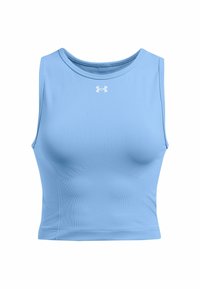 Top corto atletico blu chiaro realizzato in un tessuto testurizzato ed elastico. Presenta un collo arrotondato e un piccolo logo bianco al centro.