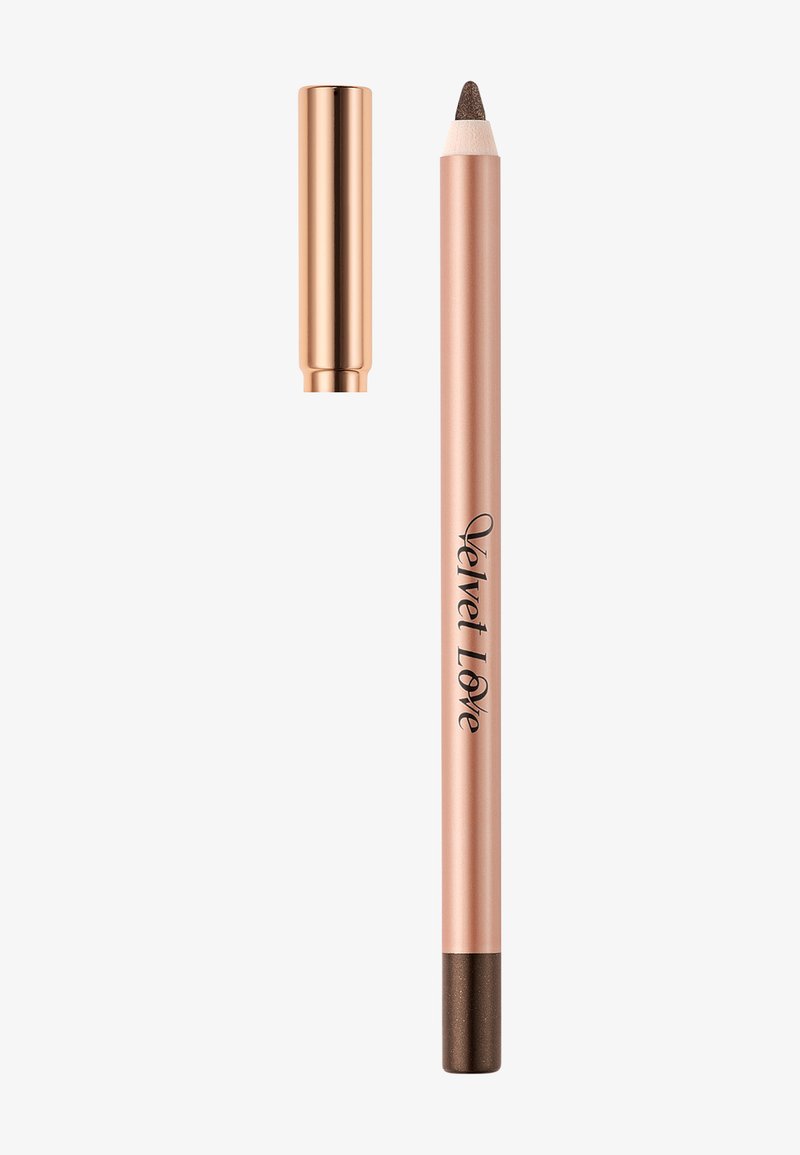 Rosa guld läppens penna med en brun spets, med ett metallisk lock och kursiv text "Velvet Love" på kroppen. Slät textur.