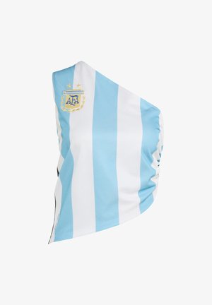 Argentinian flag-themed neck gaiter in lightweight fabric, featuring alternating light blue and white stripes, with an embroidered logo.