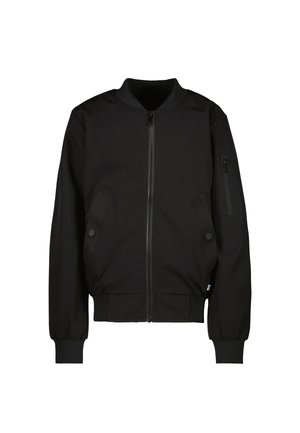 Schwarze Bomberjacke mit Frontreißverschluss, zwei seitlichen Taschen mit Knöpfen, gerippten Bündchen und Saum sowie einer Reißverschlusstasche am linken Ärmel.