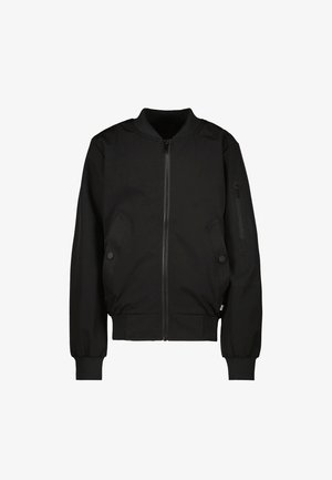Veste bomber noire avec fermeture éclair à l'avant, deux poches latérales à boutons, poignets et ourlet côtelés, et une poche zippée sur la manche gauche.