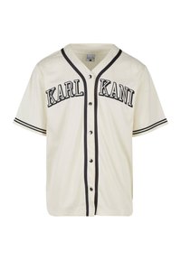 Tricou cu mâneci scurte de culoare crem din jerseu, cu litere negre "KARL KANI", detalii contrastante, închidere cu nasturi și un guler clasic de tip baseball.
