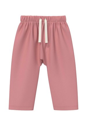 Różowe spodnie dla malucha z elastycznym pasem i białym ściągaczem, wykonane z miękkiej tkaniny, na białym tle.