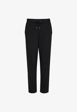 Mustat juoksuhousut, joissa on pehmeä, joustava kangas, elastinen vyötärönyöri ja sivupaneelit. Kapeutuvat lahkeet, joissa on siistit linjat.