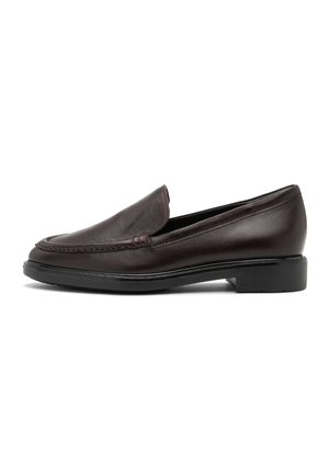 Dark brown leather loafers with a rounded toe, visible stitching detail, and a low black rubber sole. Smooth texture with minimal accents.