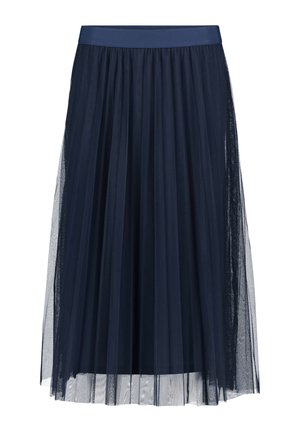 Marineblå tylnederdel med plisseret design og elastisk talje. Gennemsigtigt stof skaber en lagdelt effekt og strækker sig til knælængde.