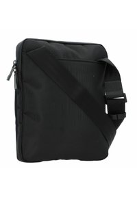 Borsa a tracolla nera in nylon con una texture liscia, con tracolla regolabile e chiusura con zip. Design compatto a forma quadrata con tasca laterale.