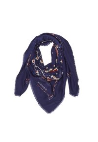 Sciarpa blu navy realizzata in morbido tessuto, con un motivo decorativo in bianco e rosso, bordi frangiati e un logo nell'angolo.