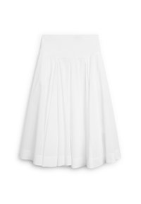 Jupe blanche évasée avec des plis, fabriquée en tissu léger. Elle présente une taille lisse et un design jusqu'au genou. Aucun motif ni accent visible.