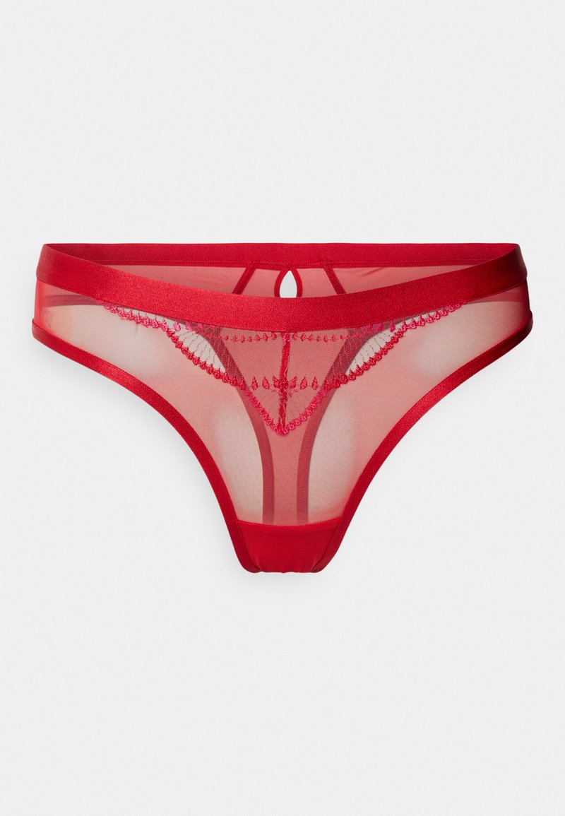 Czerwony przezroczysty bikini z satynowym paskiem w talii i ozdobnym koronkowym wykończeniem. Posiada wycięcie z tyłu i miękką teksturę dla komfortowego dopasowania.