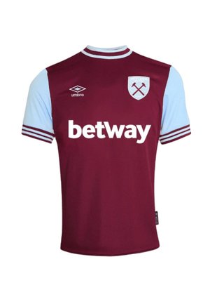 Camiseta de fútbol de color granate y azul celeste con mangas cortas. Presenta el logo "betway" en blanco y el escudo del club con martillos cruzados, con cuello a rayas.