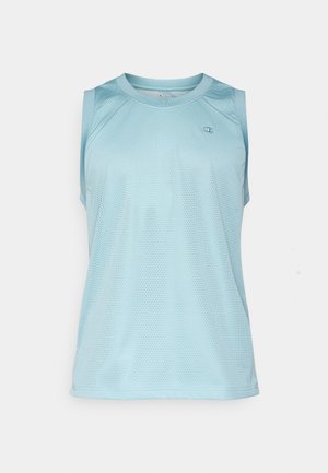 Light blue sleeveless mesh sports top with a round neckline, featuring a small logo on the chest and flat seams for comfort.