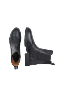 Bottines en cuir noir avec un bout arrondi, des panneaux élastiques sur les côtés, une semelle texturée antidérapante et une languette avec un accent coloré.