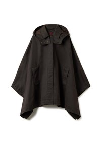 Poncho noir avec capuche, doté d'un col à boutons, de deux poches latérales et d'un design ample et déstructuré. Fabriqué en tissu durable.
