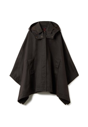 Poncho noir avec capuche, doté d'un col à boutons, de deux poches latérales et d'un design ample et déstructuré. Fabriqué en tissu durable.