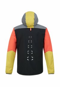 Vandtæt jakke med hætte, i sort, orange, grå og gul. Reflekterende detaljer og et mønstret bagdesign.