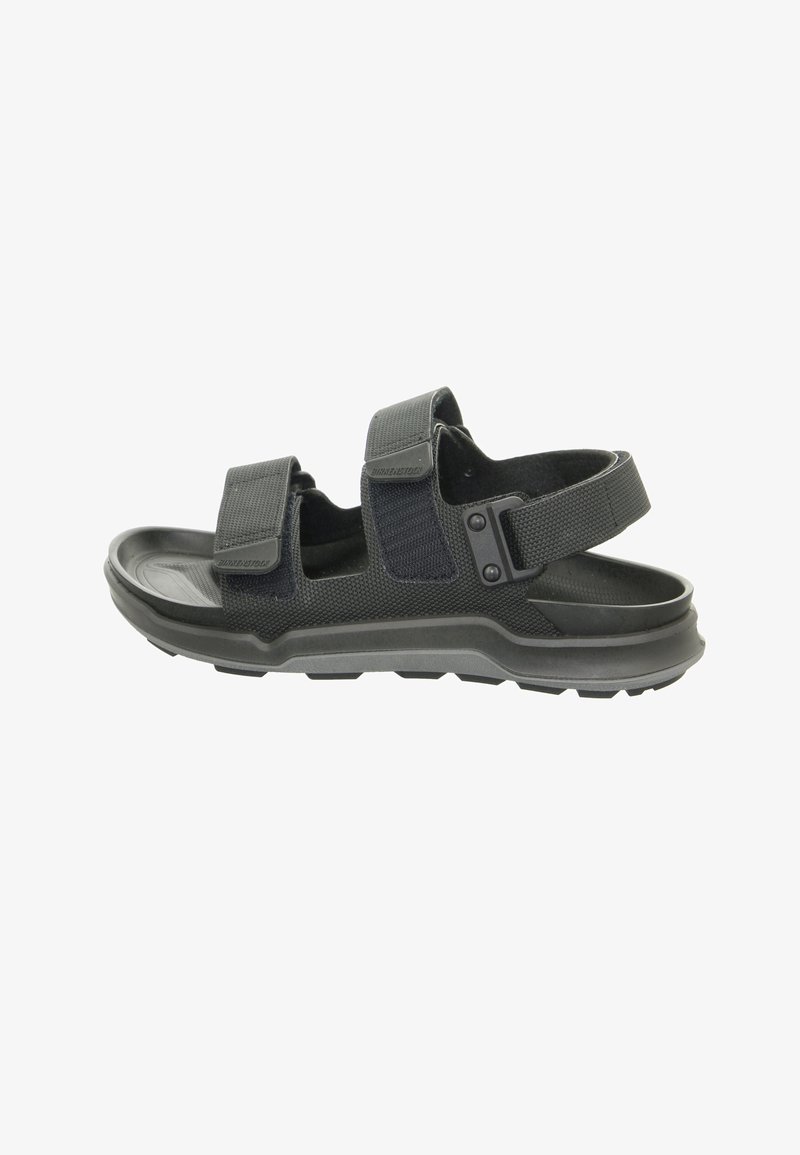 Black outdoor sandals with adjustable Velcro straps, rubber sole, textured upper, and sturdy design for comfort and durability.