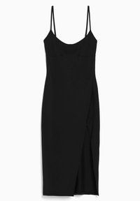 Robe noire à bretelles spaghetti avec une coupe ajustée, une silhouette jusqu'aux genoux et une fente avant comme détail. Confectionnée dans un tissu lisse.