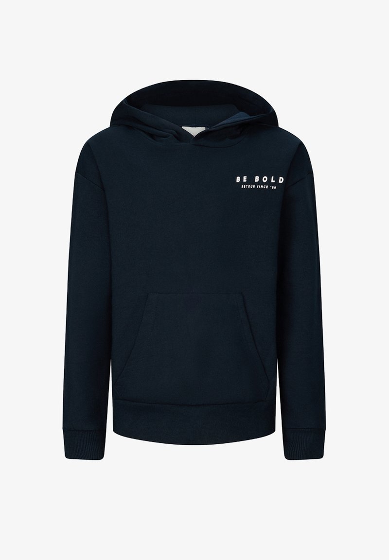 Felpa blu navy con tasca frontale e il testo "BE BOLD RETOUR SINCE '99" sul lato sinistro del petto, polsini a coste e cappuccio.