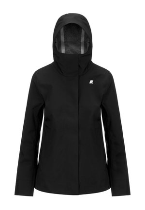 Giacca nera impermeabile con colletto alto e cappuccio incorporato. Presenta una texture liscia, maniche lunghe e un logo discreto sul petto.